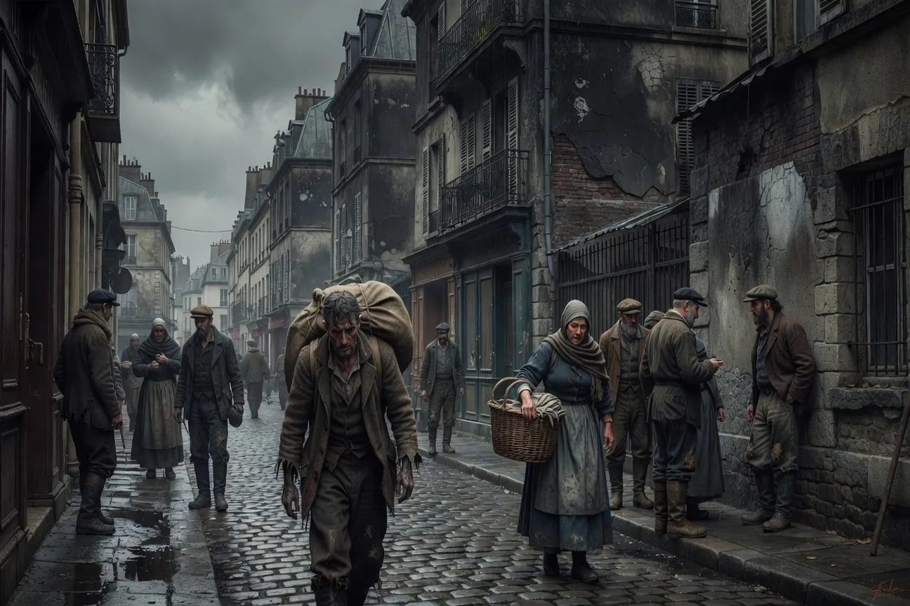 Scène de rue parisienne réaliste du XIXe siècle avec des gens du peuple sous un ciel gris, atmosphère littéraire naturaliste