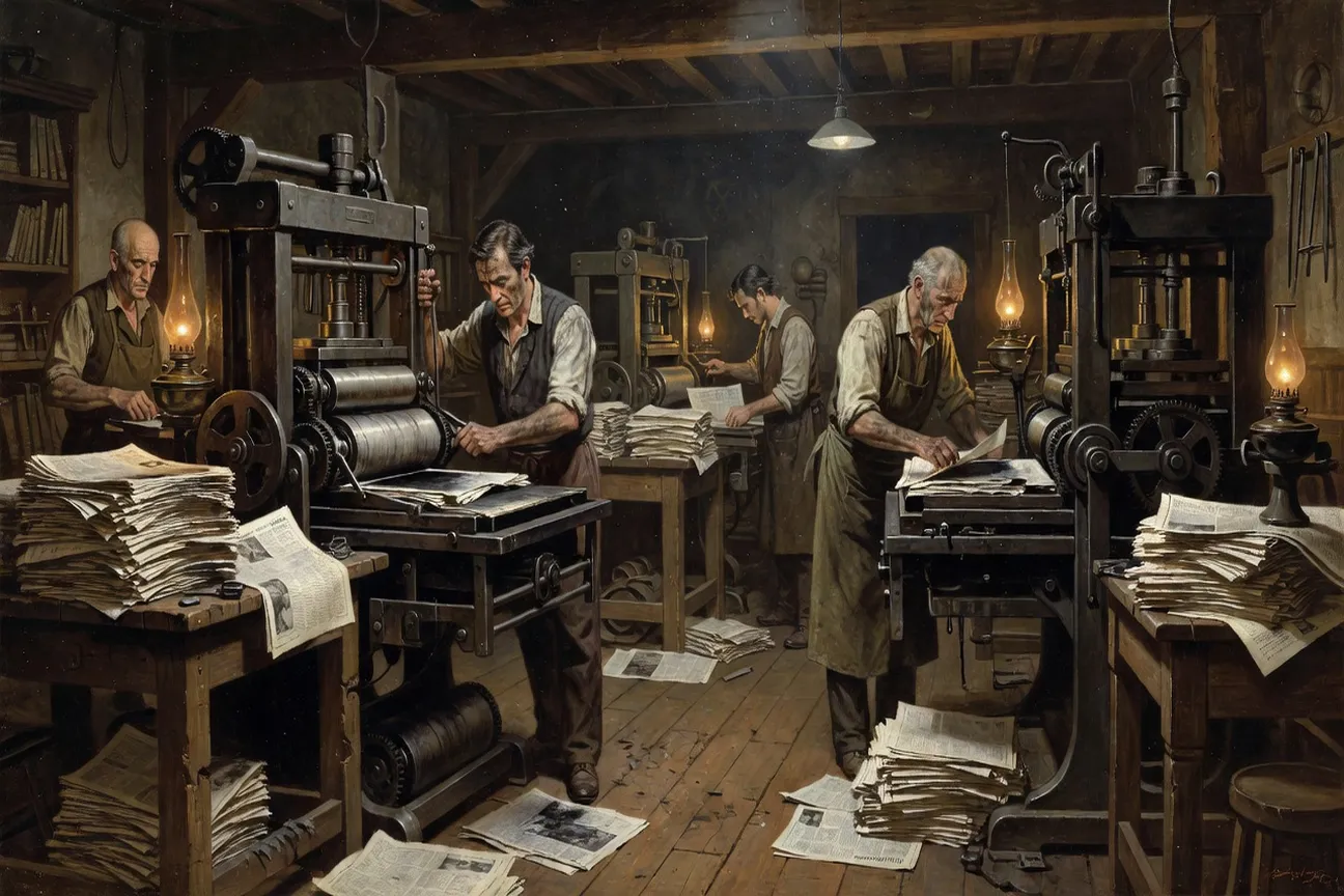Atelier d’imprimerie d’un journal parisien du XIXe siècle avec presses en bois et papiers empilés, ambiance naturaliste