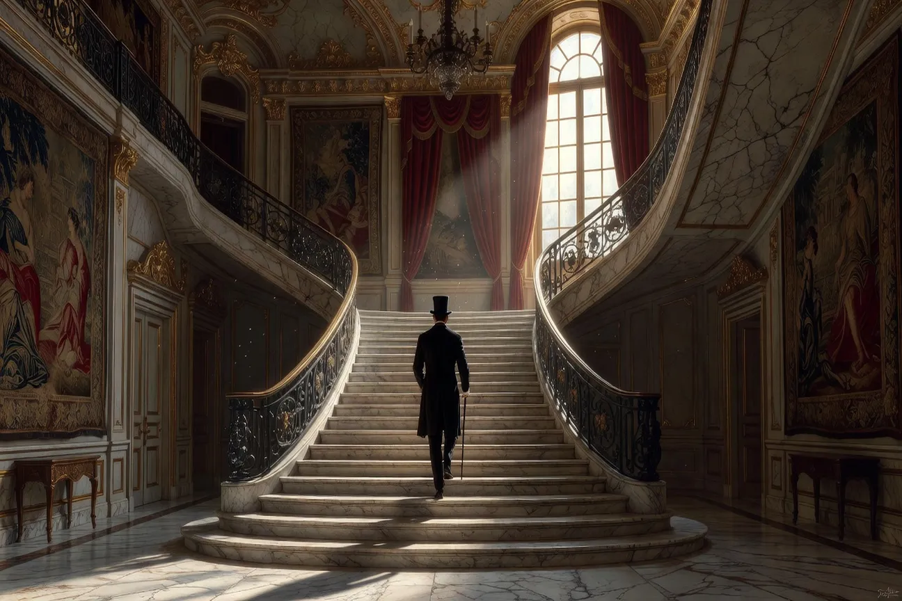 Grand escalier symbolique d’un hôtel particulier parisien du XIXe siècle, une silhouette en pleine ascension, thème de l’ambition sociale