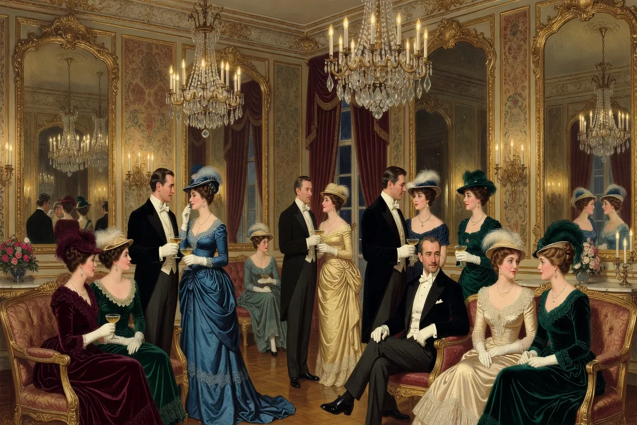 Salon parisien élégant de la Belle Époque avec lustres et miroirs reflétant des silhouettes, atmosphère d’intrigue sociale