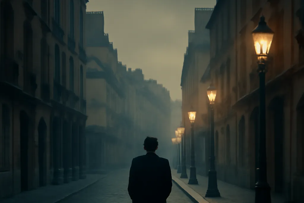 Personnage seul dans une rue parisienne au XIXe siècle