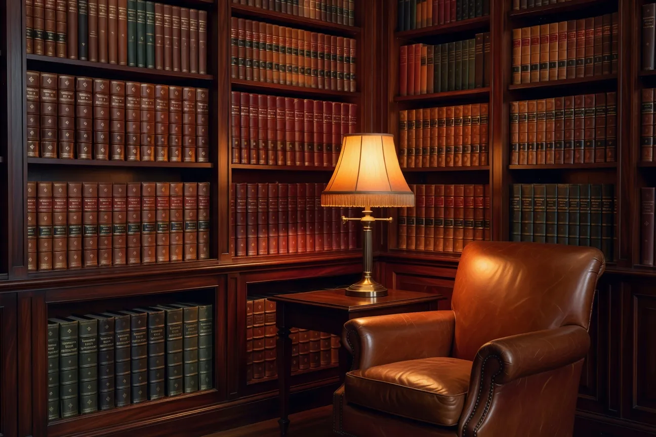 Bibliothèque d'écrivain XIXe siècle avec œuvres complètes de Maupassant, Flaubert, Hemingway alignées