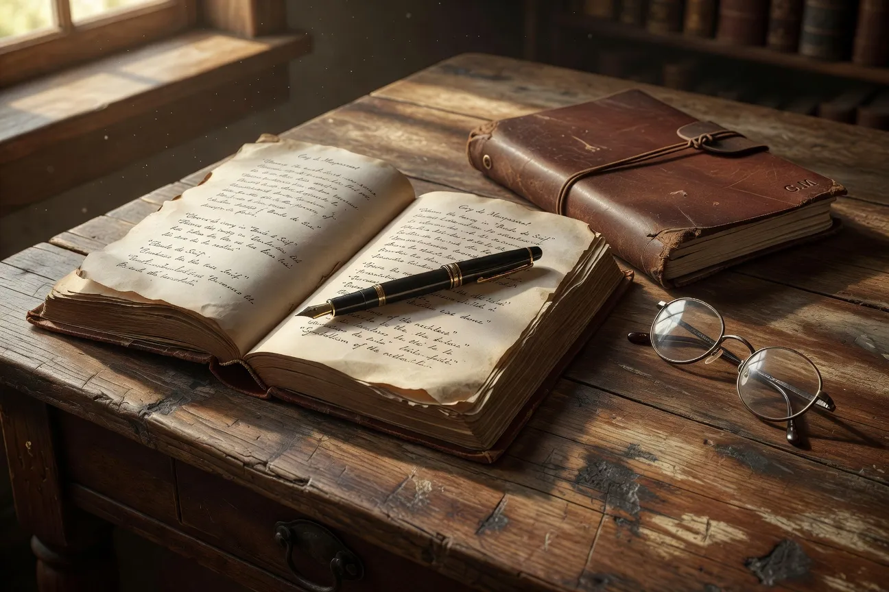 Livre de Maupassant ouvert sur un bureau avec stylo et carnet de notes stylistiques
