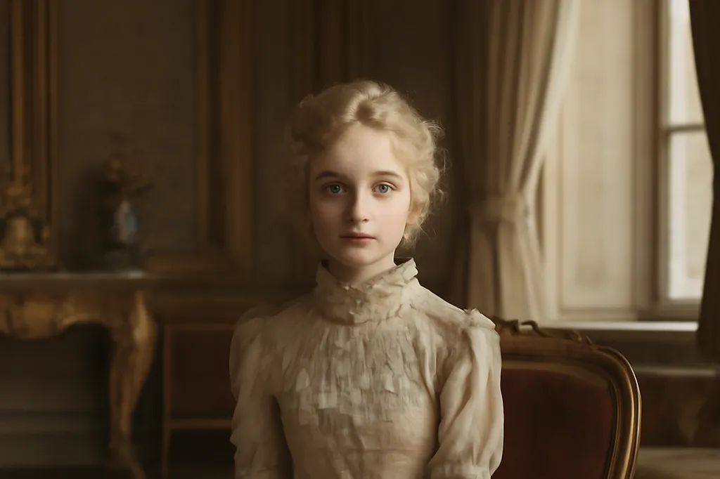 Jeune femme blonde frêle dans un salon bourgeois parisien du XIXe siècle, évoquant Suzanne Walter dans Bel-Ami