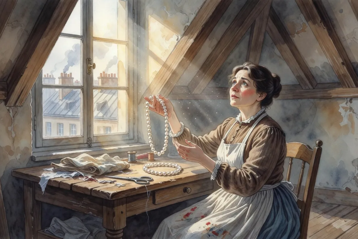 Illustration d’une couturière du XIXe siècle tenant un collier devant la lumière, scène de La Parure de Maupassant, style aquarelle