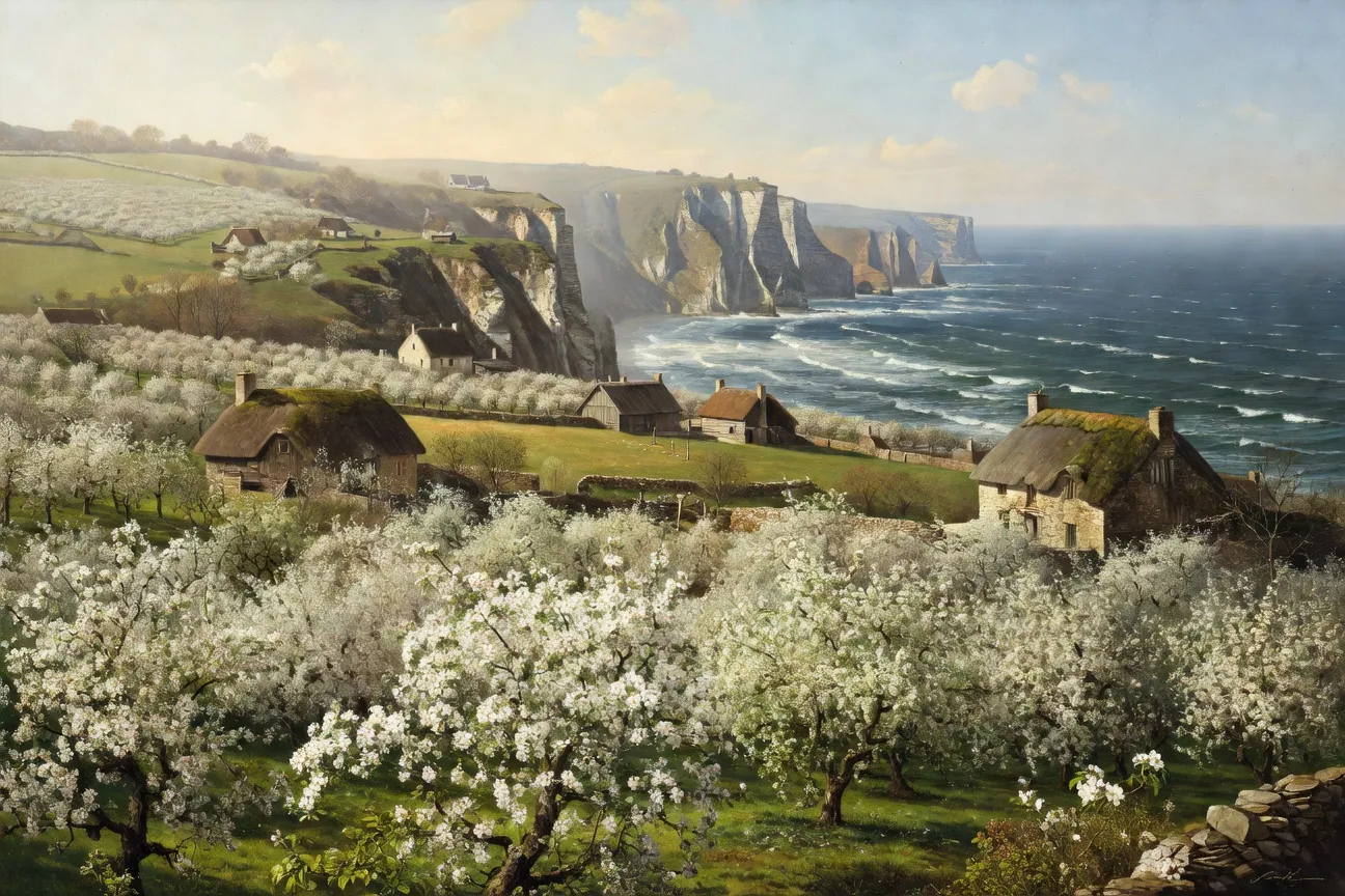 Paysage côtier normand avec falaises et campagne herbeuse de pommiers en fleur