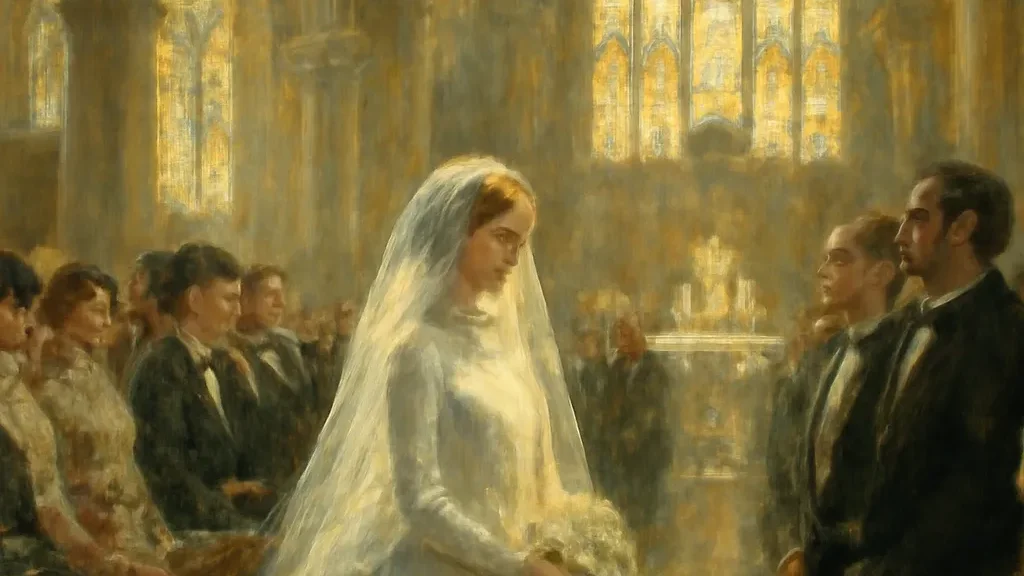 Scène de mariage bourgeois parisien fin XIXe siècle dans une église élégante, illustrant l'ascension sociale dans Bel-Ami