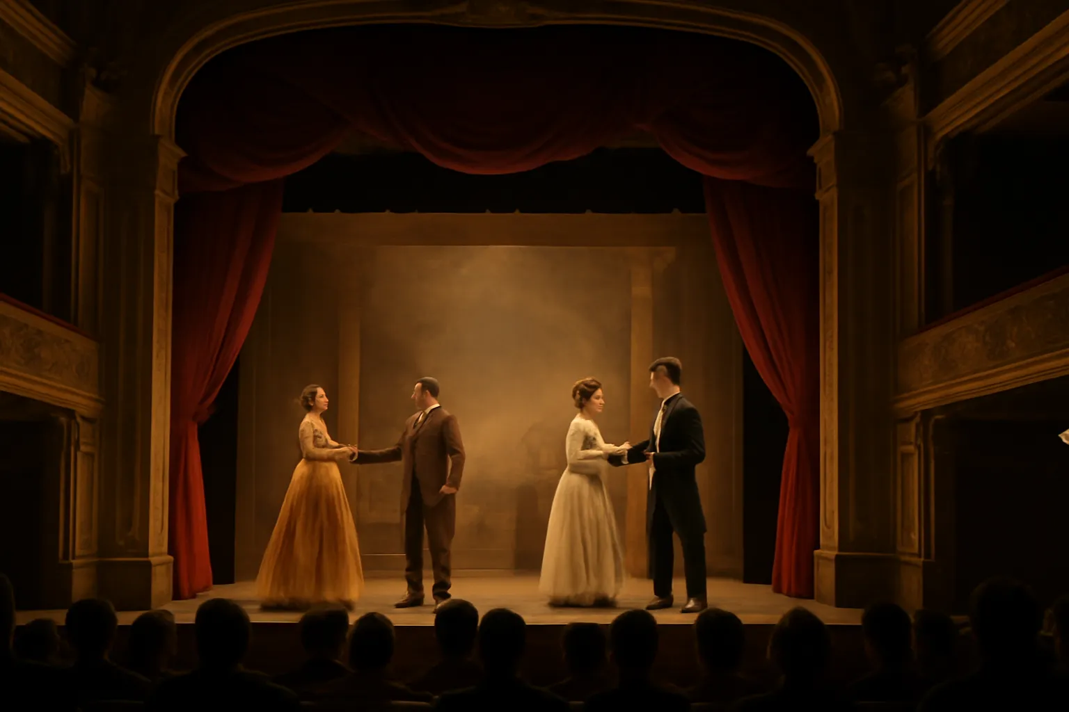 Scène de théâtre parisienne évoquant une adaptation scénique de Bel-Ami de Maupassant