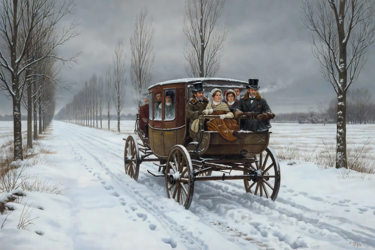 Diligence prise dans la neige, scène de la nouvelle Boule de Suif de Maupassant pendant la guerre de 1870