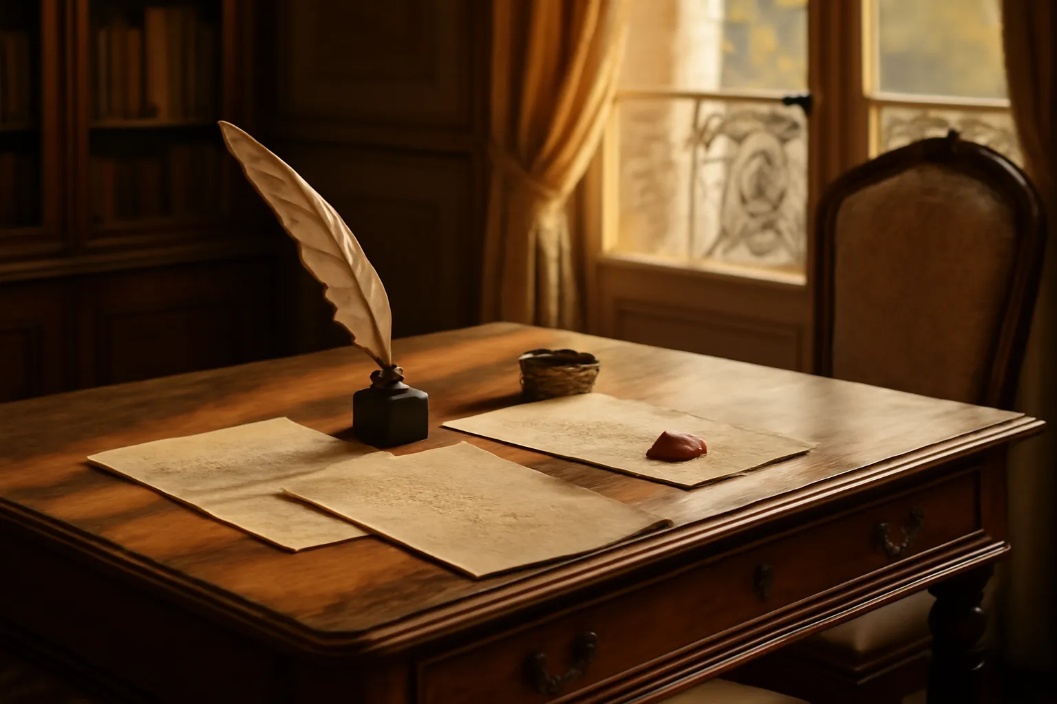 Bureau d'écrivain du XIXe siècle avec lettres manuscrites et plume, évoquant la correspondance de Guy de Maupassant