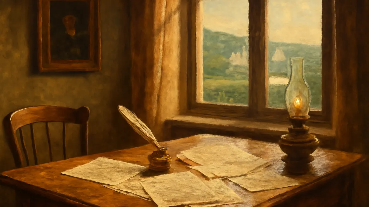 Bureau d'écrivain du XIXe siècle face aux falaises de Normandie, manuscrits, encrier et plume évoquant l'univers de Guy de Maupassant