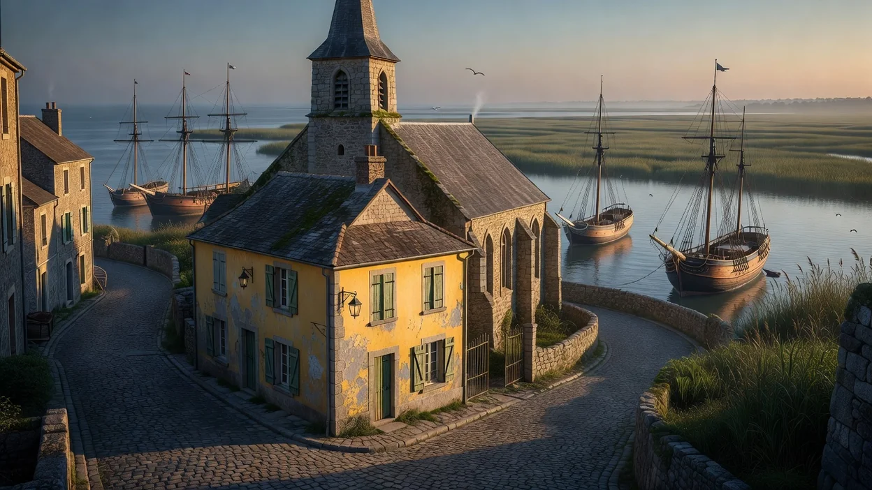 Petite maison jaune d'une ville portuaire normande du XIXe siècle, rue derrière une église, bateaux dans le bassin du port en arrière-plan, ambiance Belle Époque