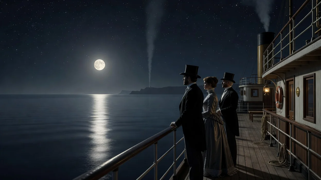 Pont d'un paquebot en Méditerranée la nuit, grande lune calme argentant la mer plate, sillage lumineux et ciel étoilé, évoquant l'ouverture de la nouvelle La Peur de Maupassant