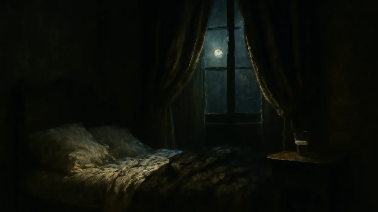 Chambre sombre du XIXe siècle la nuit, clair de lune à la fenêtre et verre de lait sur la table de nuit, évoquant l'atmosphère du Horla