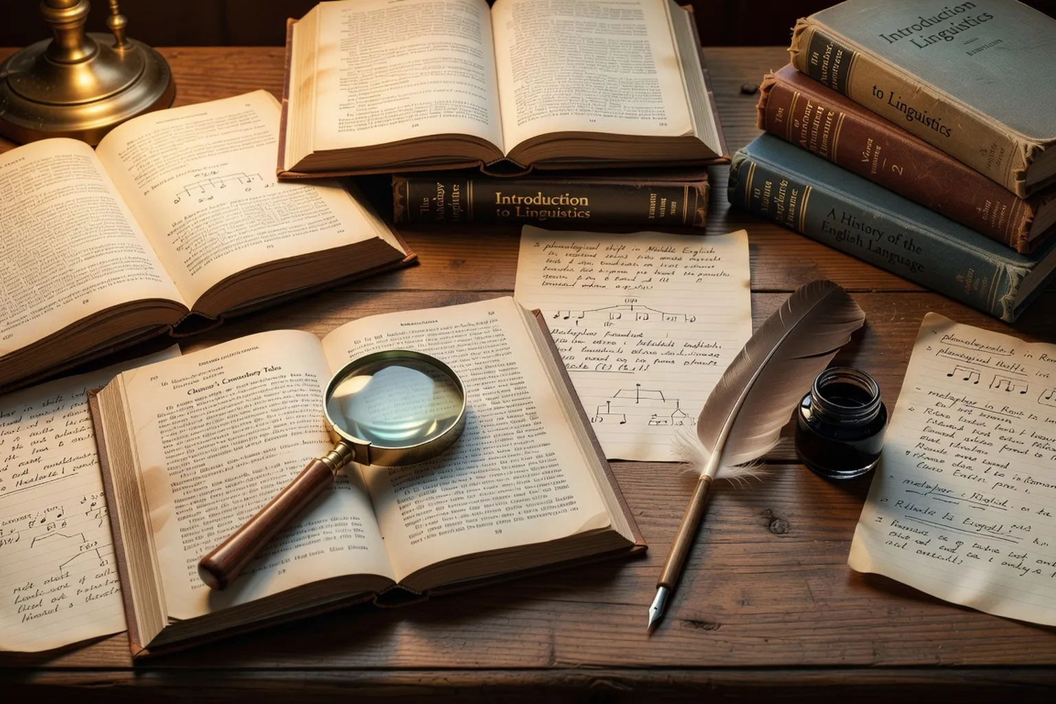Manuels de littérature et notes de cours sur une table, avec une loupe et une plume, atmosphère académique XIXe siècle