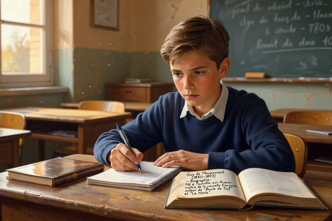 Élève de collège lisant une biographie de Guy de Maupassant