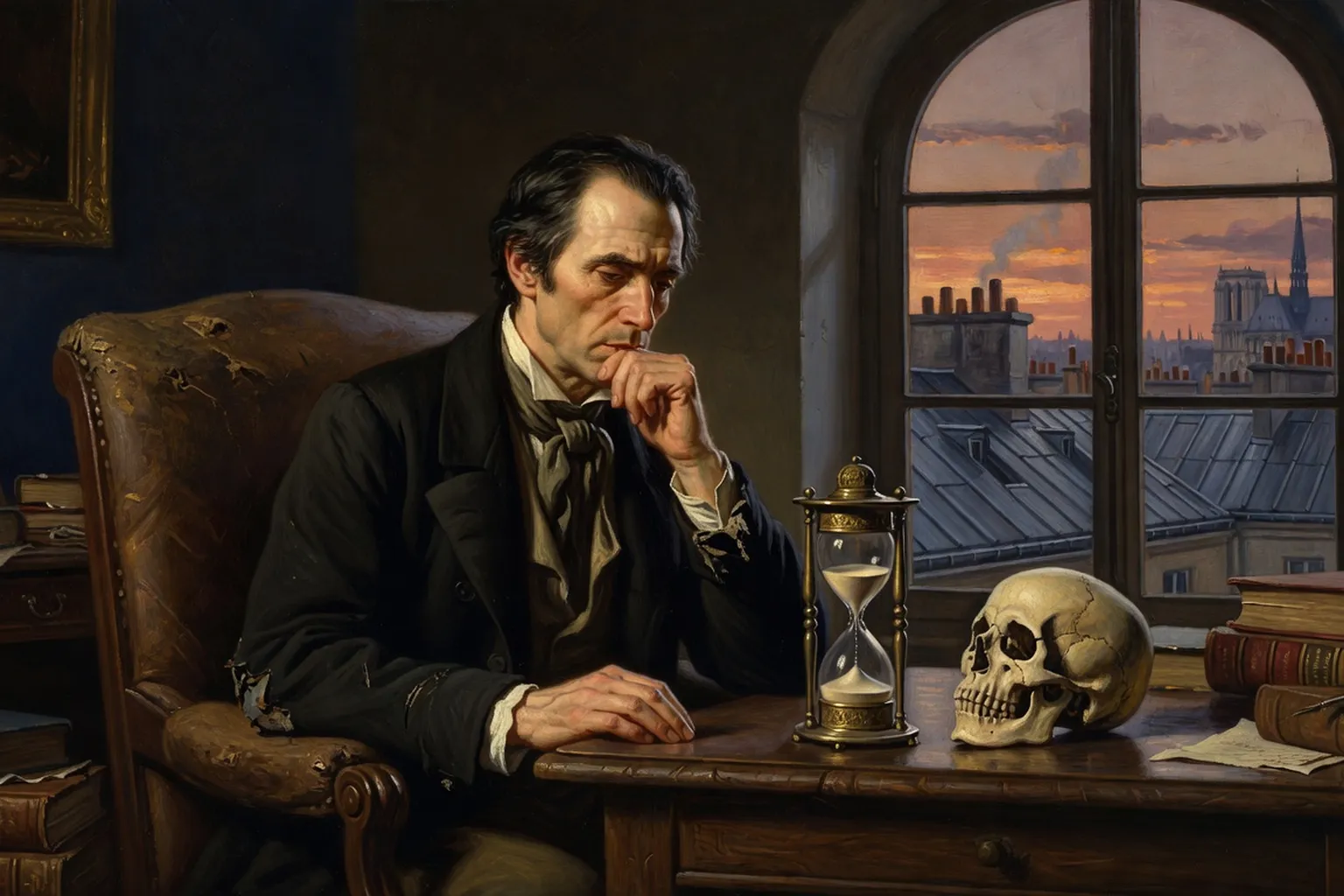 Homme méditant devant un sablier et un crâne près d'une fenêtre donnant sur les toits de Paris au crépuscule, évoquant le thème de la mort chez Maupassant