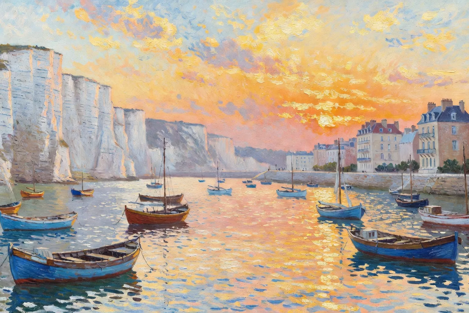 Falaises d'Étretat au coucher du soleil, paysage emblématique de la Normandie de Guy de Maupassant