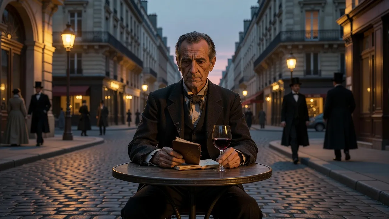 Poète vieillissant assis seul dans un salon parisien du XIXe siècle, évoquant Norbert de Varenne dans Bel-Ami