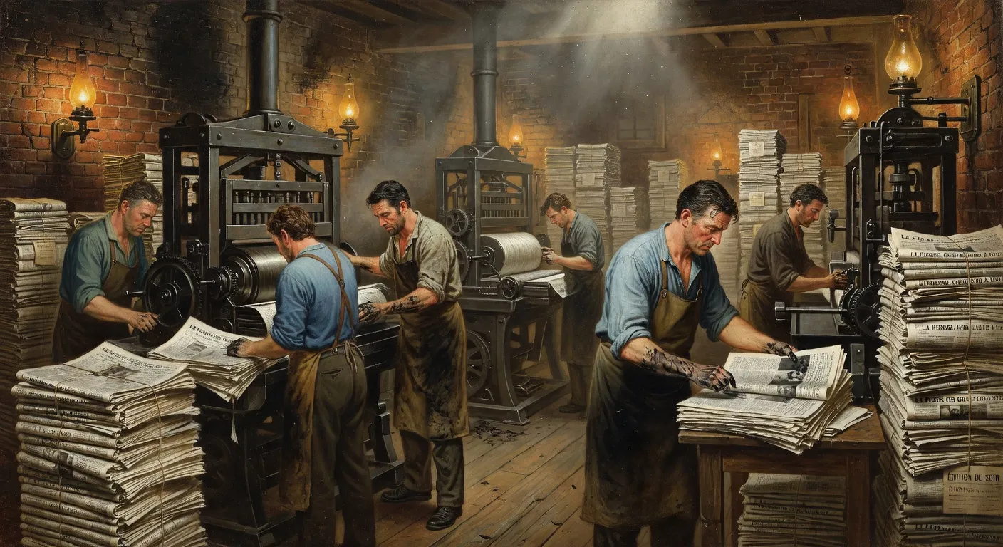 Salle de redaction d'un journal parisien au XIXe siecle, inspiree de Bel Ami de Maupassant