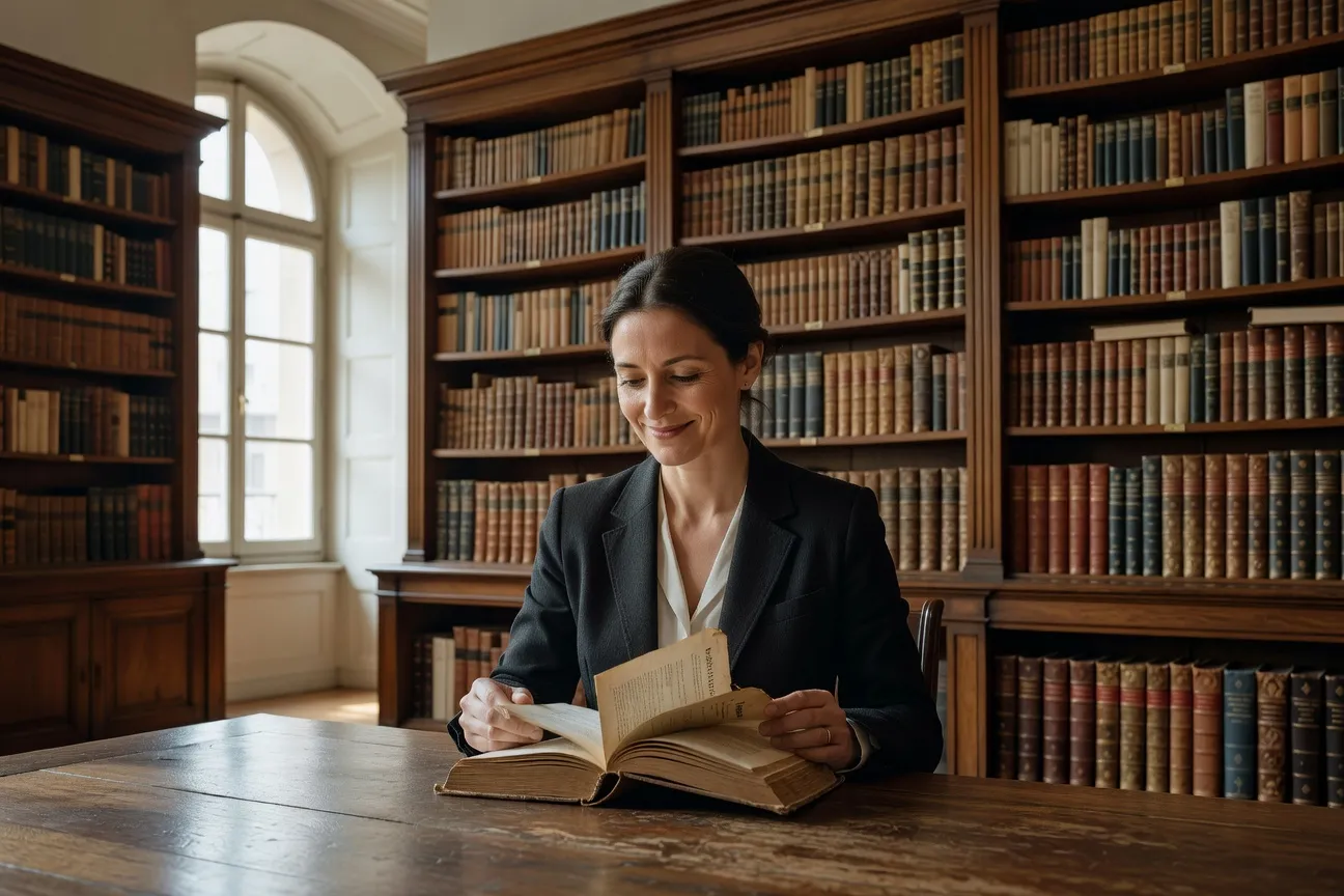 Portrait éditorial d'une chercheuse en stylistique à son bureau de l'ENS Lyon, livre de Maupassant ouvert