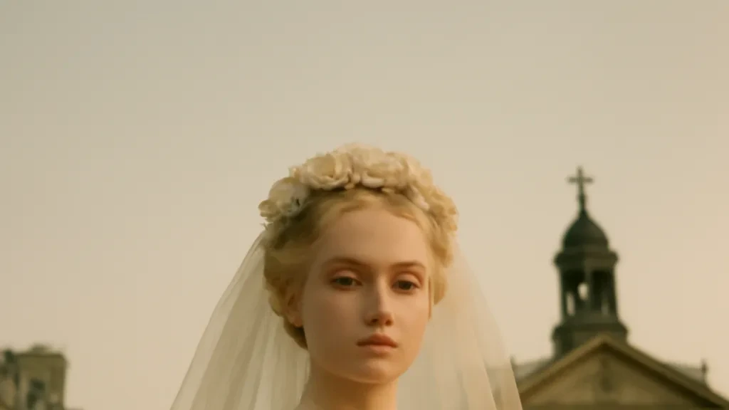 Jeune femme blonde et frêle en robe de mariée du XIXe siècle devant une église parisienne, évoquant Suzanne Walter dans Bel-Ami