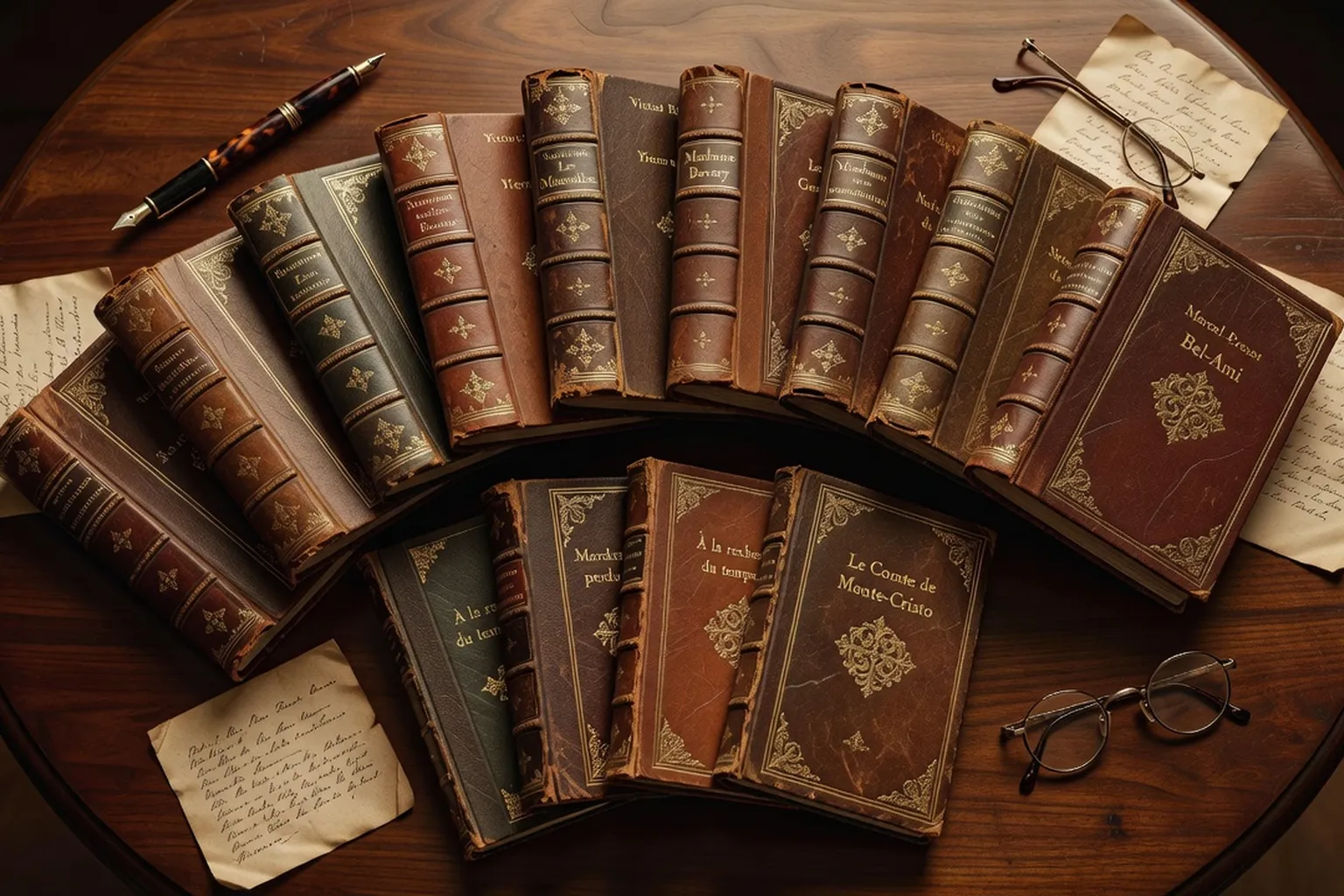 Dix livres anciens posés sur une table en bois, atmosphère Belle Époque, littérature classique française