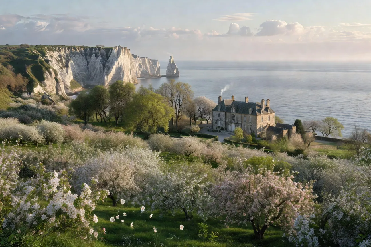 Falaises d'Étretat et campagne normande, paysage du premier roman Une Vie de Maupassant