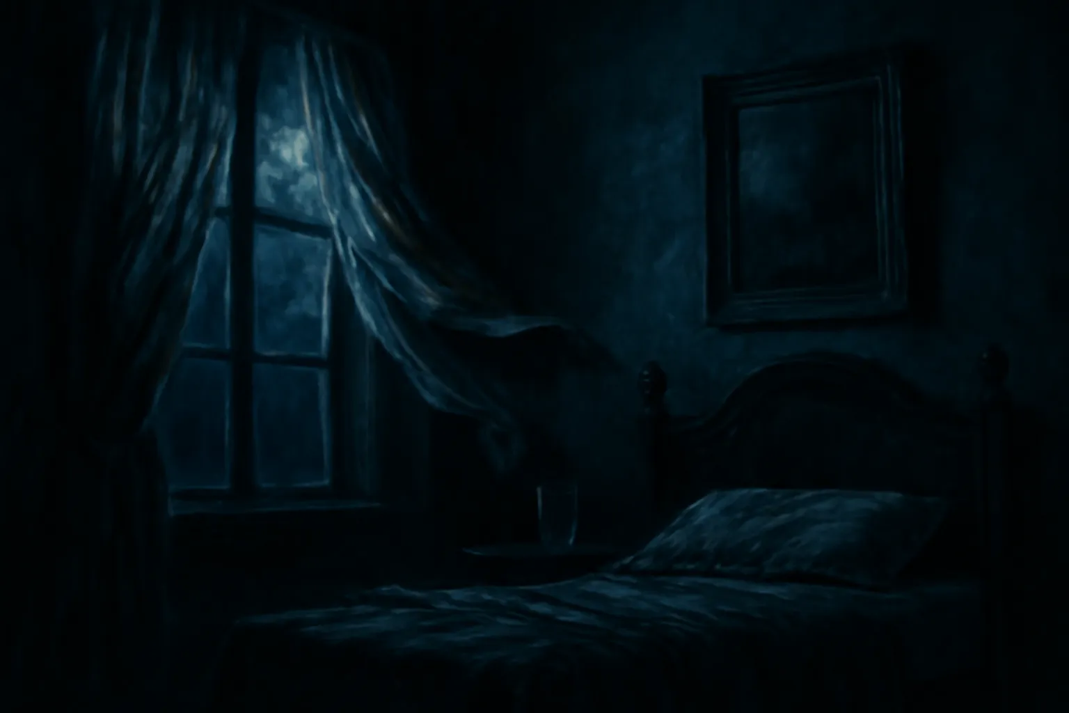 Silhouette invisible et inquietante dans un miroir, evoquant le Horla de Maupassant