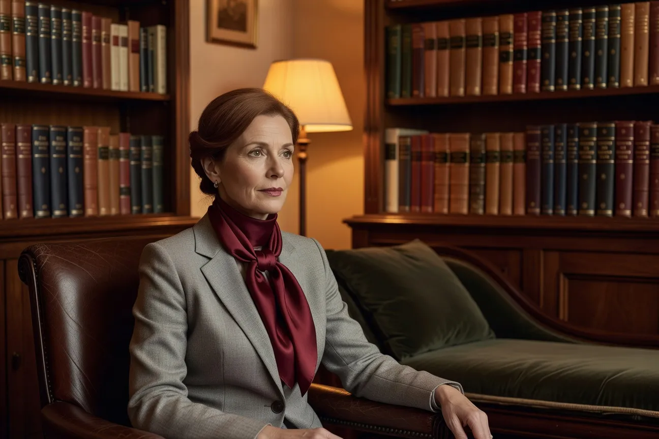 Portrait editorial de la Dr. Claire Vasseur, psychanalyste, dans son cabinet de consultation