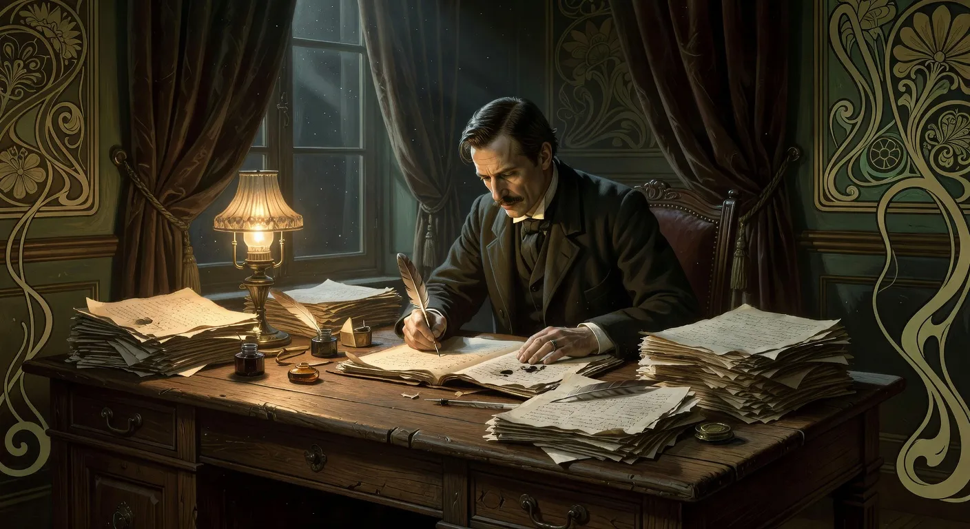 Maupassant à son bureau à la Belle Époque entouré de manuscrits