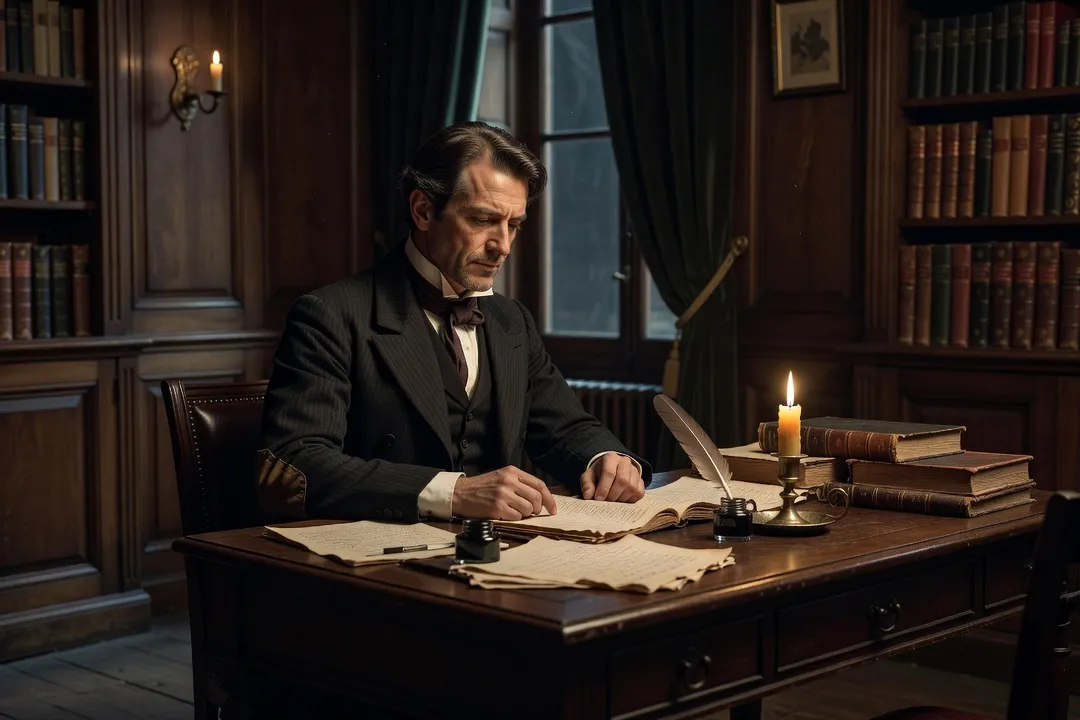 Guy de Maupassant a son bureau, evocation de ses dernières annees marquees par la maladie