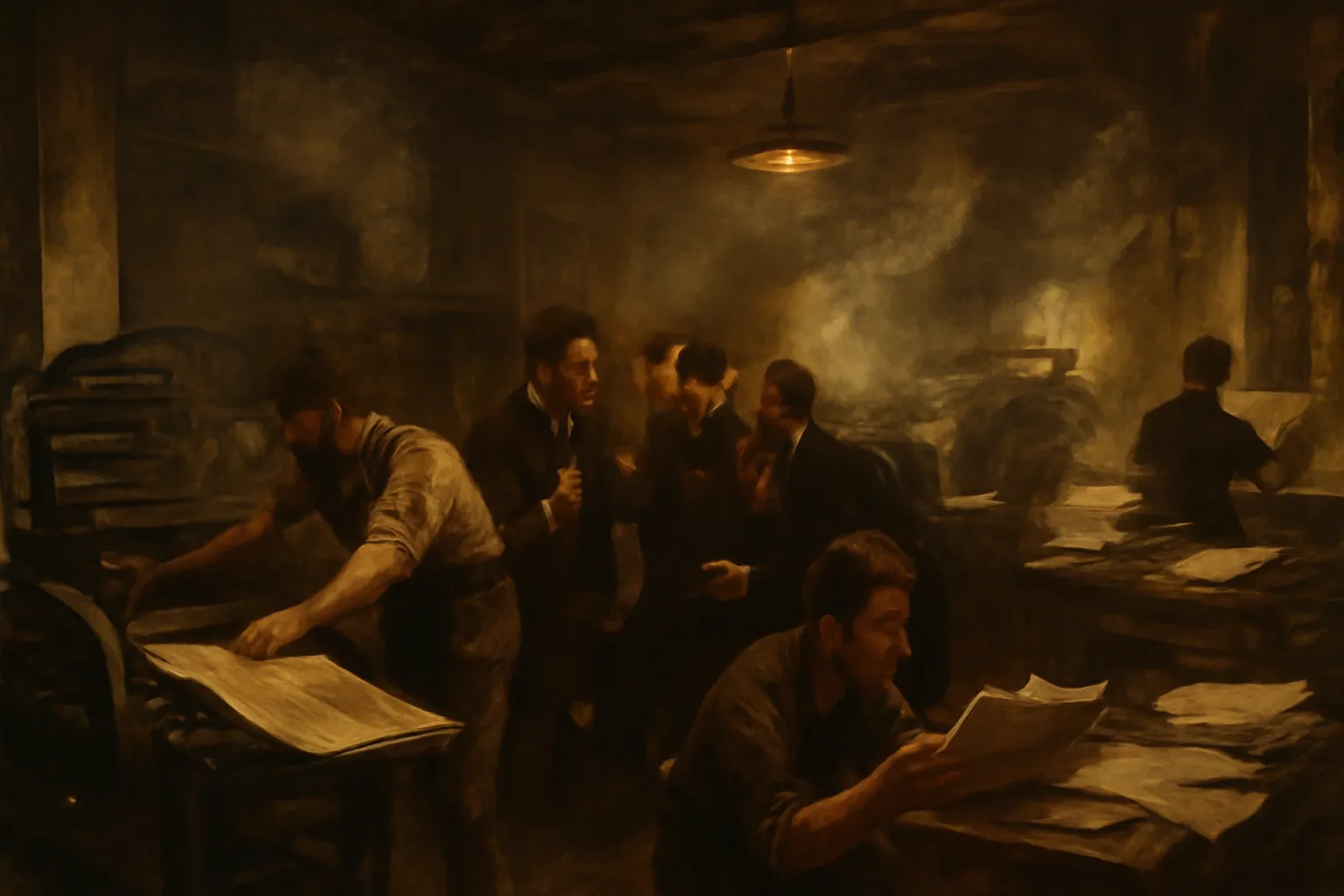 La salle de redaction d'un journal parisien au XIXe siecle, univers de Bel Ami